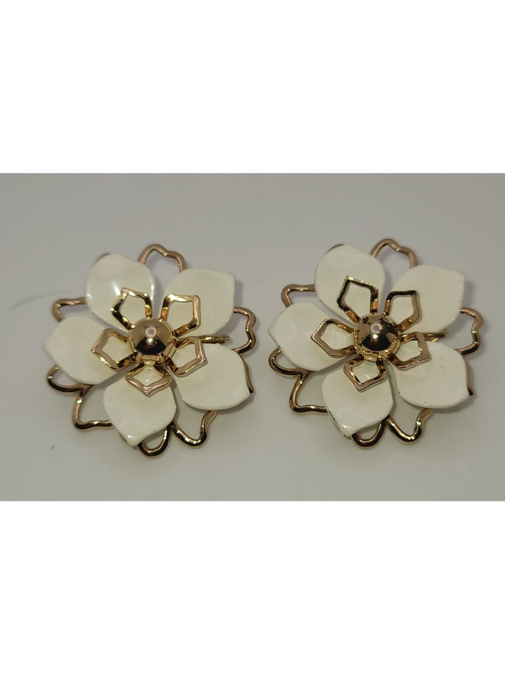 Vintage Emmons White Enamel and Gold-Tone Layered Flower Clip-on Earrings